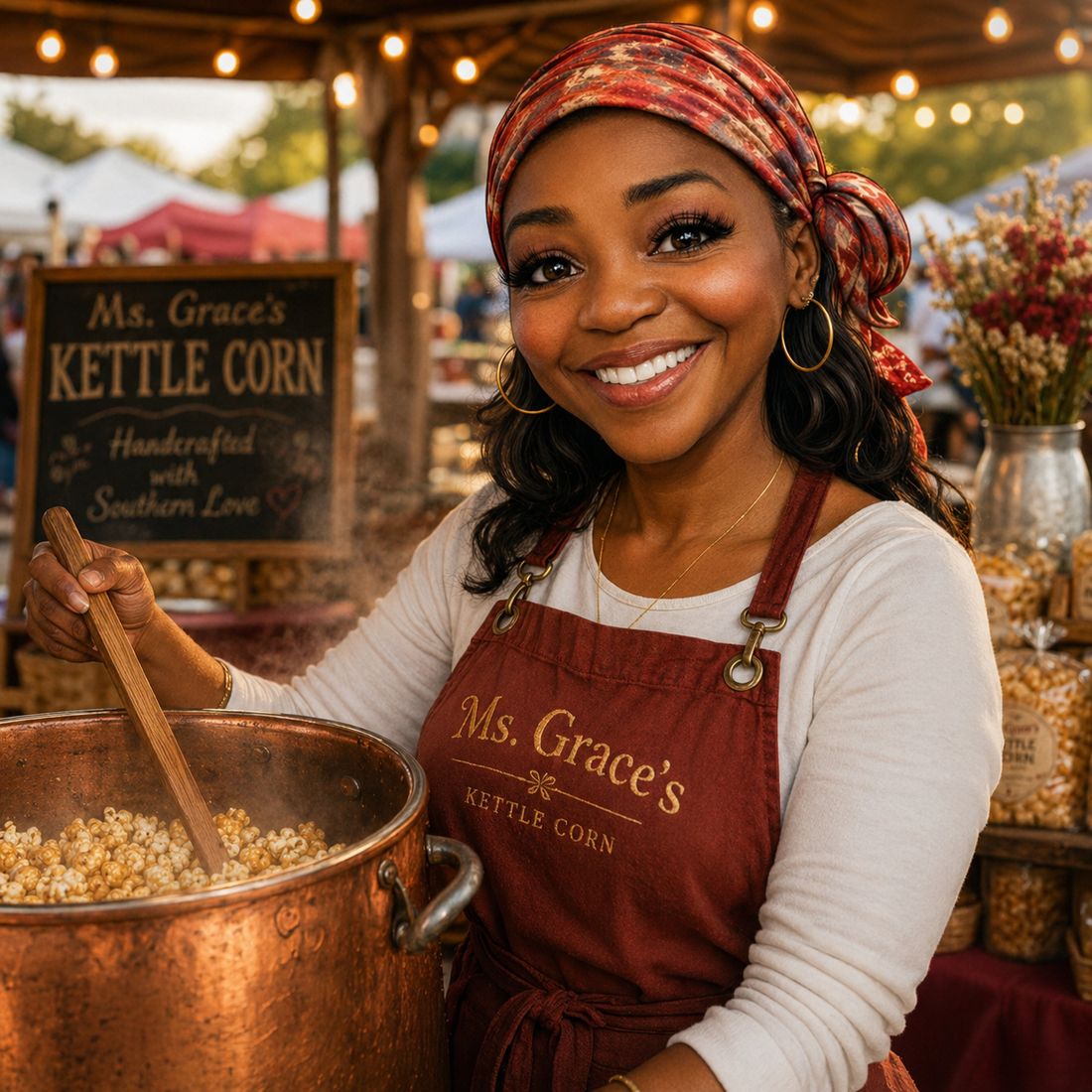 Ms. Grace smiling in her branded apron, hand-stirring a steaming copper kettle of fresh popcorn at her market stand